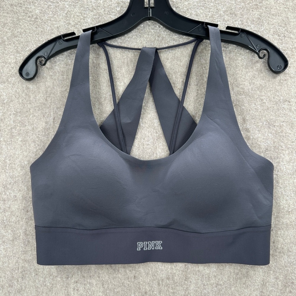 PINK Victoria's Secret Sports Bra Womens Medium Gray Ultimate Strappy Racerback